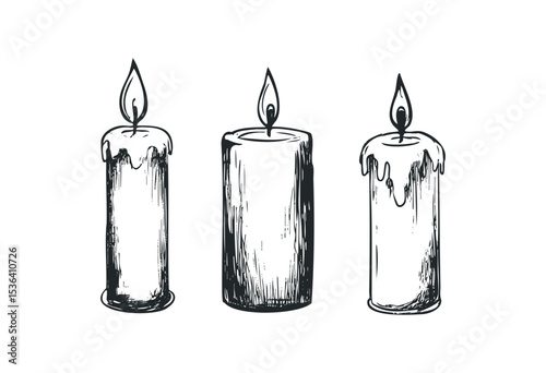 Hand-drawn set of three lit candles with detailed dripping wax. Vector retro hand drawn illustration