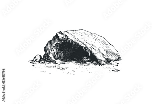 Ancient rock cave illustration with entrance and textured details. Vector retro hand drawn illustration