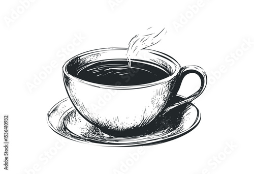 Hand-drawn cup of steaming coffee sketch artwork in monochrome. Vector retro hand drawn illustration