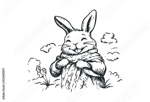 Smiling cartoon rabbit in scarf with clouds and flowers around. Vector retro hand drawn illustration