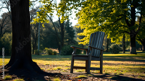 Empty adirondack chair invites relaxation under the shade of a tree in a serene park