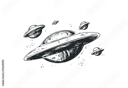 Sketch of multiple planets with rings in space. Vector retro hand drawn illustration