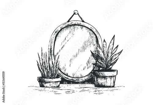 Sketch of hanging mirror with two potted plants in detailed illustration. Vector retro hand drawn illustration