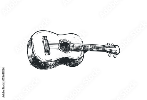 Hand-drawn acoustic guitar sketch with simple lines and detailed shading. Vector retro hand drawn illustration