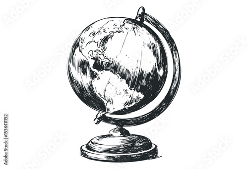Vintage hand-drawn globe illustration featuring americas and atlantic ocean. Vector retro hand drawn illustration