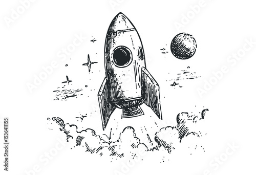 Hand-drawn vintage rocket with planet and stars in space. Vector retro hand drawn illustration