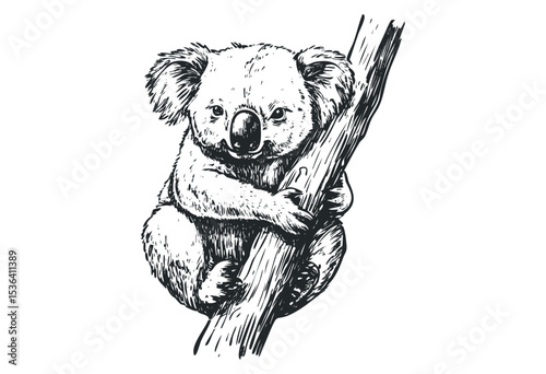 Koala clinging to tree branch in detailed black and white drawing. Vector retro hand drawn illustration