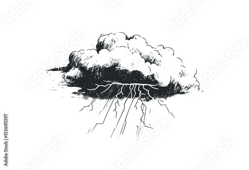 Hand-drawn thunderstorm cloud with lightning illustration in black and white. Vector retro hand drawn illustration