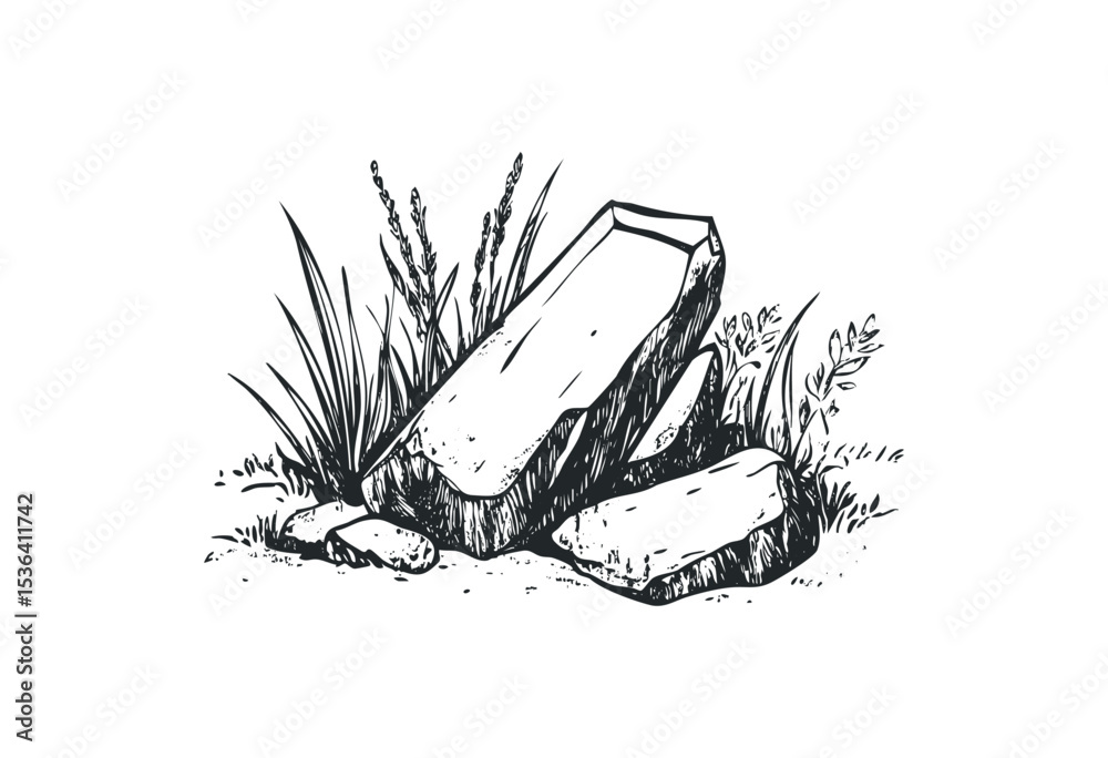 Obraz premium Black and white sketch of stones with grass and plants illustration. Vector retro hand drawn illustration