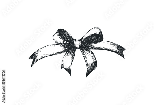 Elegant vintage bow drawing with detailed ribbon design. Vector retro hand drawn illustration