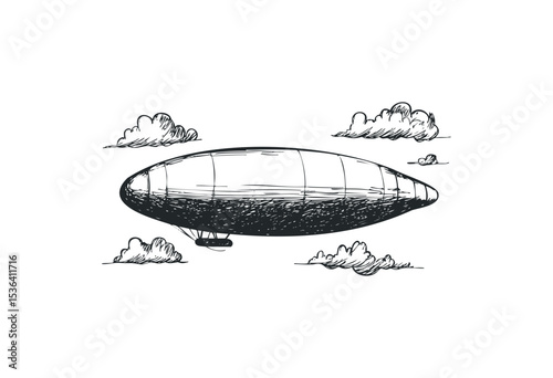Vintage airship illustration with clouds and detailed line art. Vector retro hand drawn illustration