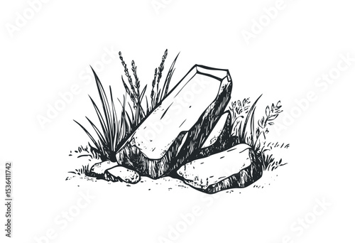 Black and white sketch of stones with grass and plants illustration. Vector retro hand drawn illustration