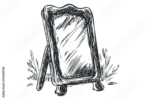 Vintage standing mirror illustration with ornate frame and grass details. Vector retro hand drawn illustration