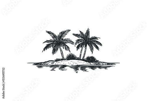 Tropical island with two palm trees in black and white illustration. Vector retro hand drawn illustration