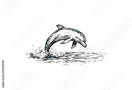 Detailed ink sketch of a dolphin leaping from the ocean waters. Vector retro hand drawn illustration
