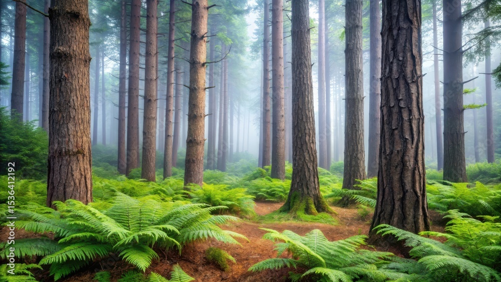 Fototapeta premium Misty Forest Path Enveloped by Lush Green Ferns and Towering Pine Trees