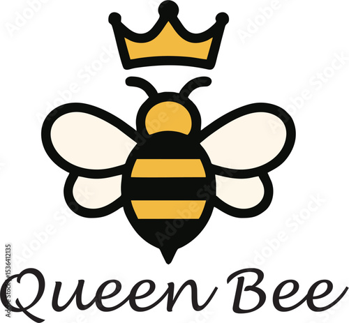 queen bee logo vector icon cartoon honeybee with crown yellow black stripes insect symbol for branding label