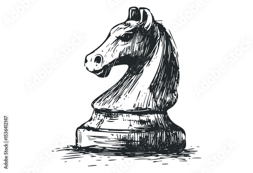 Detailed sketch of a knight chess piece in classic style. Vector retro hand drawn illustration