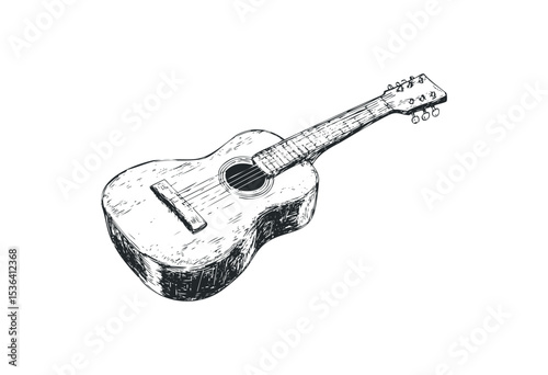 Detailed sketch of an acoustic guitar. Vector retro hand drawn illustration
