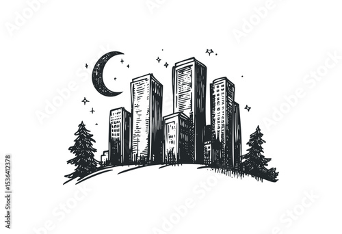 Hand-drawn urban skyline with skyscrapers and trees at night. Vector retro hand drawn illustration