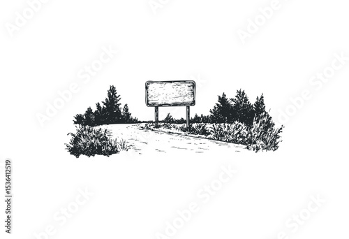 Rural scene with empty billboard and lush vegetation in monochrome illustration. Vector retro hand drawn illustration