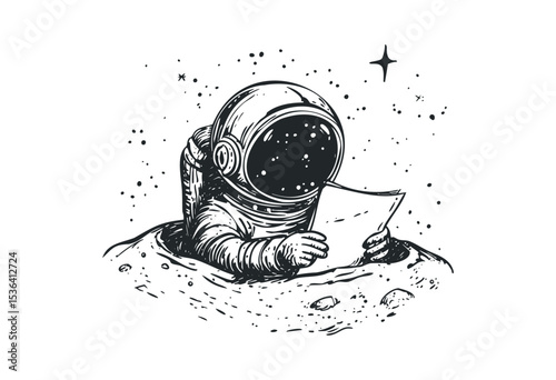 Astronaut reading a map on a dotted moon surface. Vector retro hand drawn illustration