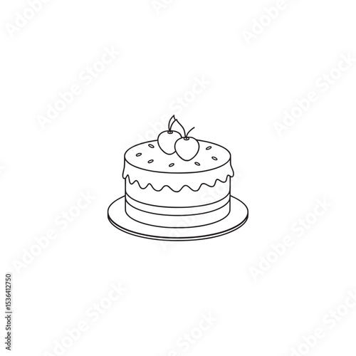 Simple cake with cherries outlined vector illustration minimalist dessert design
