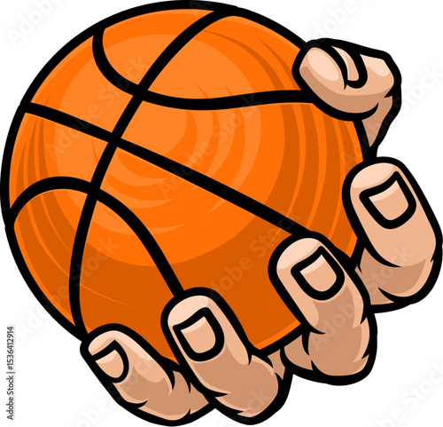 A mascot person hand or fist holding a basketball ball