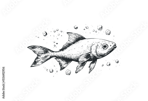 Detailed black and white drawing of a fish with bubbles. Vector retro hand drawn illustration