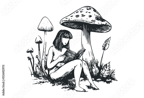 Young caucasian female reading amidst giant mushrooms in nature illustration. Vector retro hand drawn illustration