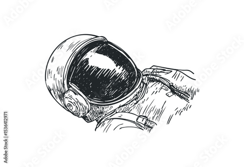 Hand-drawn sketch of astronaut helmet and spacesuit illustration. Vector retro hand drawn illustration