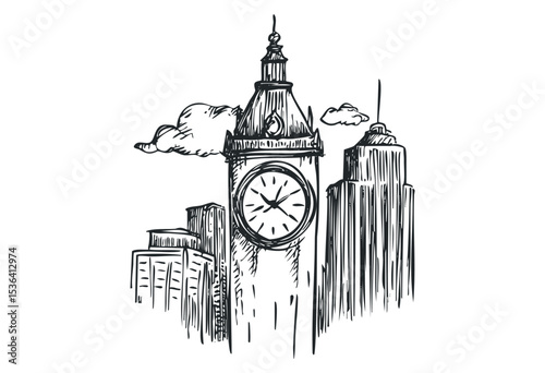 Hand-drawn urban sketch of iconic clock tower with skyscrapers. Vector retro hand drawn illustration