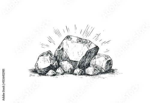 Hand-drawn sketch of large and small rocks cluster with line details. Vector retro hand drawn illustration