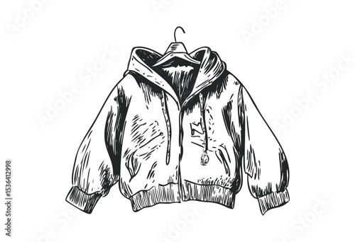 Hand-drawn hoodie sketch with zippered front and hood details. Vector retro hand drawn illustration