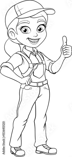 A woman female electrician holding a screwdriver tool builder construction cartoon character mascot.