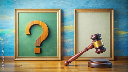 Uncertain Verdict  Wooden Question Mark and Gavel Beside Empty Frame on Hardwood Floor