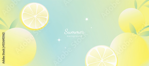Summer season gradient futuristic art background vector. Modern wallpaper design with lemon. Illustration design for social media, print, cover, banner, backdrop, packaging, ads.
