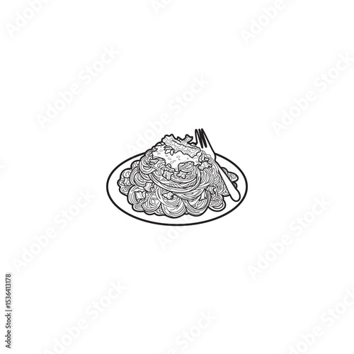 Line art of spaghetti on a plate with a fork minimalist design