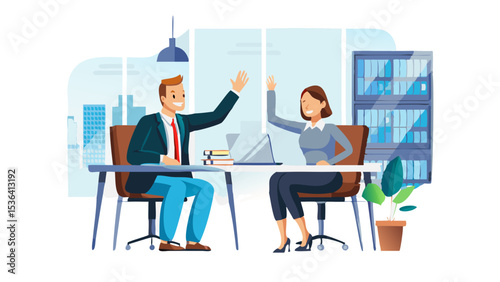 Business Team High Five – Two Partners Celebrating Office Success, Vector Illustration