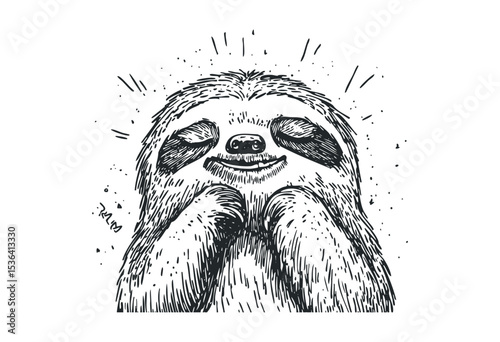 Happy sloth sketch with smiling expression and crossed paws. Vector retro hand drawn illustration