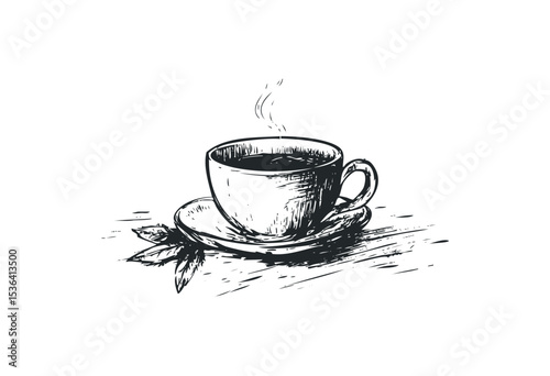Hand-drawn coffee cup on saucer with leaves in vintage style. Vector retro hand drawn illustration