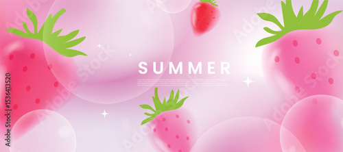 Summer season gradient futuristic art background vector. Modern wallpaper design with strawberry, bubble. Illustration design for social media, print, cover, banner, backdrop, packaging, ads.