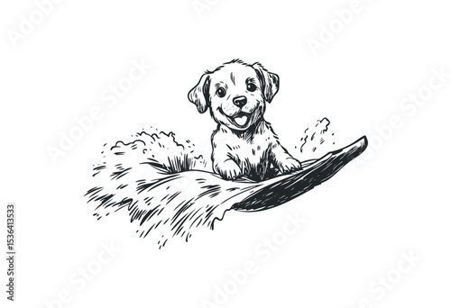 Playful puppy riding surfboard sketch in ocean waves. Vector retro hand drawn illustration