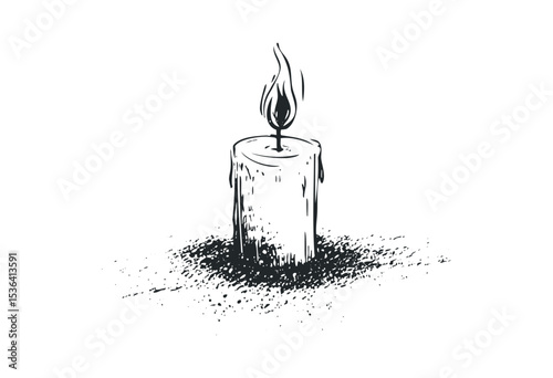 Sketch of a melting candle with flame on textured surface in black and white. Vector retro hand drawn illustration