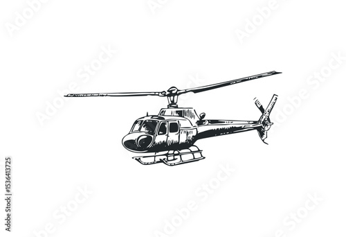 Detailed hand-drawn helicopter illustration in black and white. Vector retro hand drawn illustration