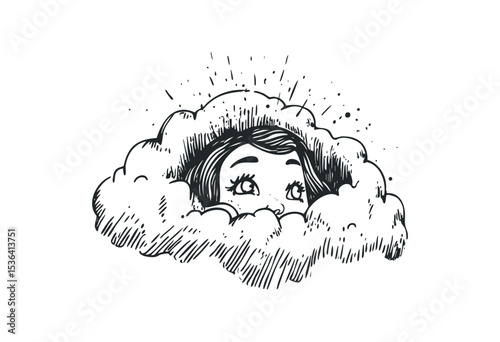 Young caucasian female face peeking through a cartoon cloud. Vector retro hand drawn illustration