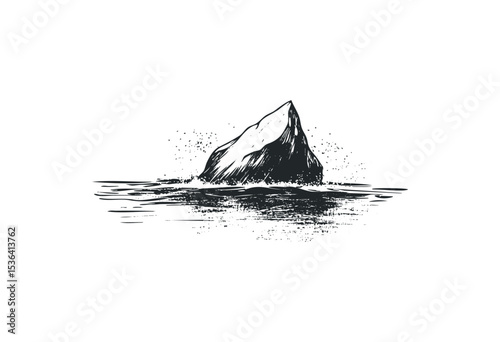 Monochrome iceberg illustration emerging from water. Vector retro hand drawn illustration