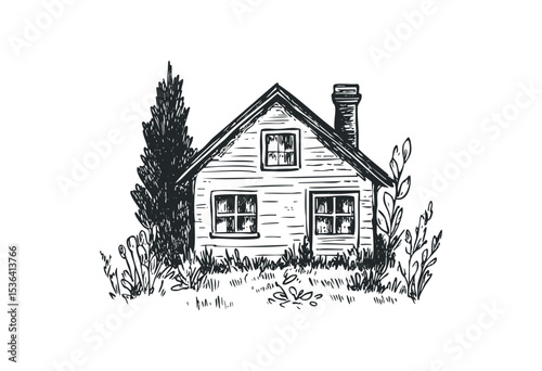 Hand-drawn cottage with chimney and surrounding vegetation in black ink. Vector retro hand drawn illustration