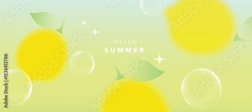Summer season gradient fruit art background vector. Modern wallpaper design with lemon, bubble. Illustration design for social media, print, cover, banner, backdrop, packaging, ads.