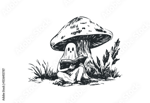Cute ghost reading by a mushroom with botanical elements. Vector retro hand drawn illustration